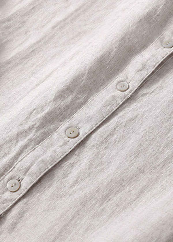 Linen Colour Linen Dresses Wrinkled Button Solid Short Sleeve - Image 3