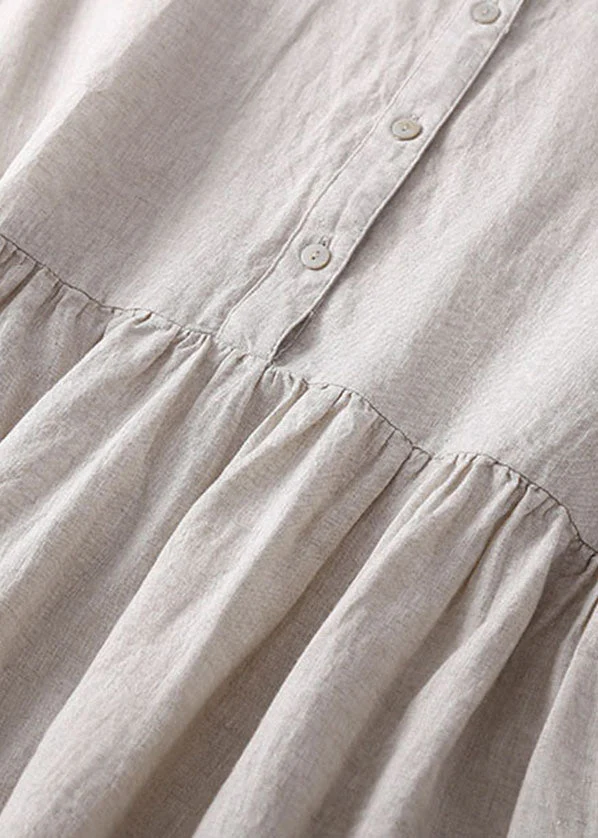 Linen Colour Linen Dresses Wrinkled Button Solid Short Sleeve - Image 4