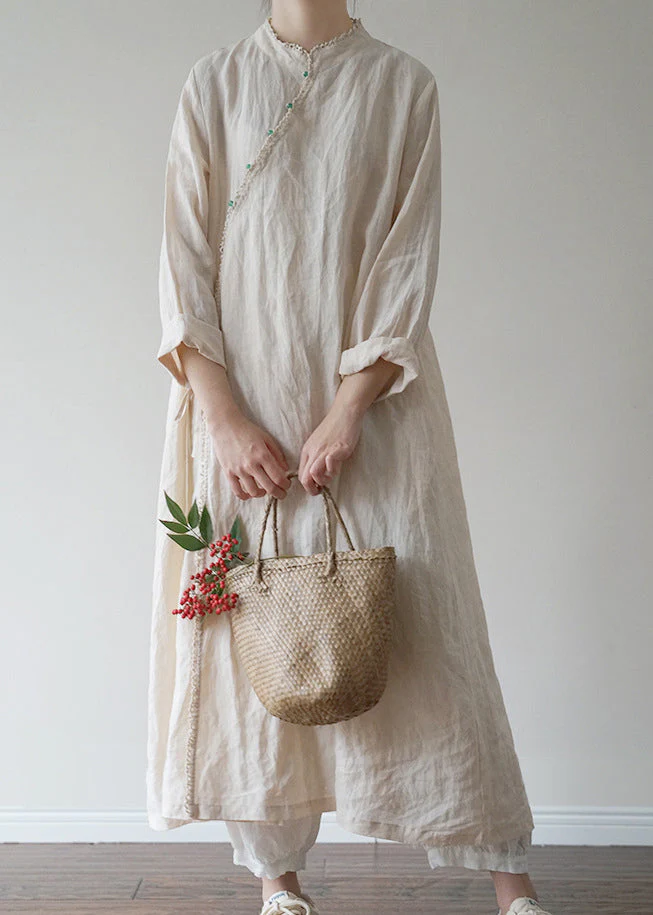 Linen colour Linen Loose Dress Mandarin Collar Long Sleeve - Image 2