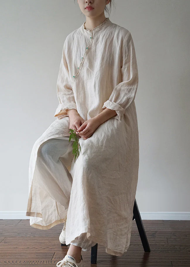 Linen colour Linen Loose Dress Mandarin Collar Long Sleeve - Image 3