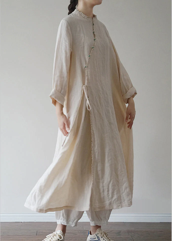 Linen colour Linen Loose Dress Mandarin Collar Long Sleeve - Image 4
