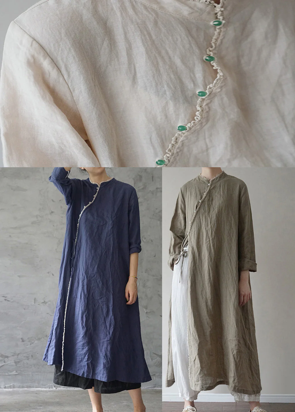 Linen colour Linen Loose Dress Mandarin Collar Long Sleeve - Image 5