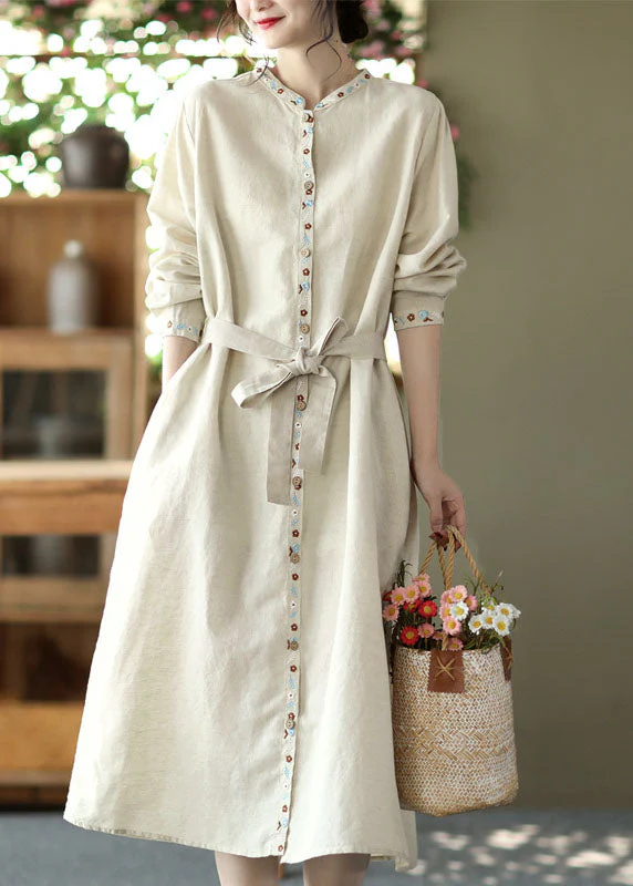 Linen Colour Pockets Patchwork Linen Long Dress Tie Waist Long Sleeve - Image 3