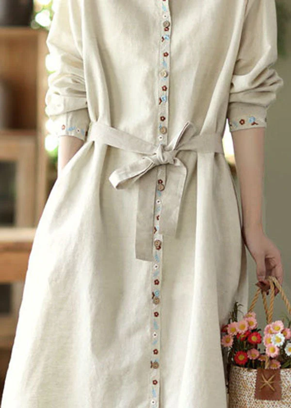 Linen Colour Pockets Patchwork Linen Long Dress Tie Waist Long Sleeve - Image 4