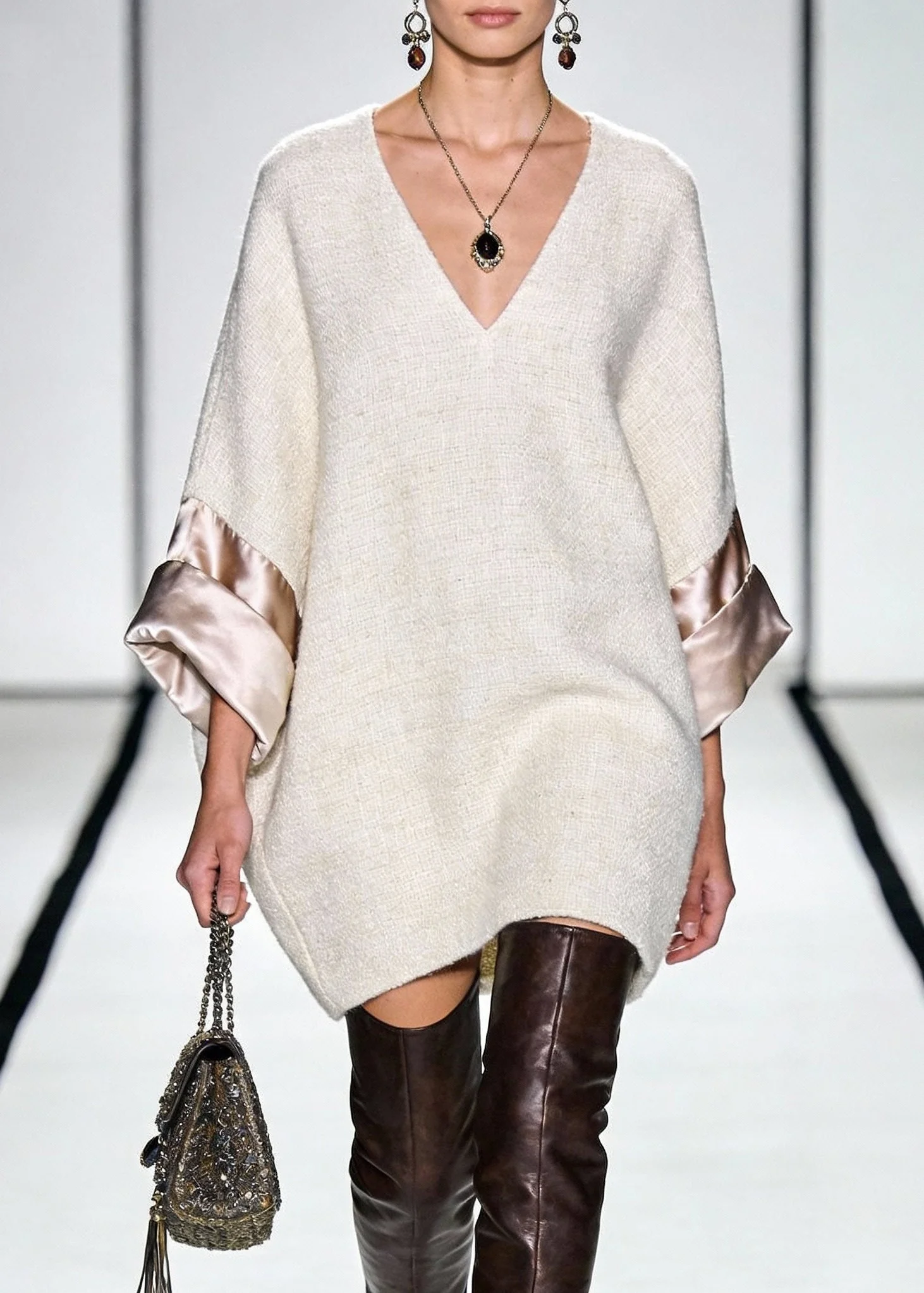 Linen Cozy Silk Patchwork Mini Dress V Neck - Image 5