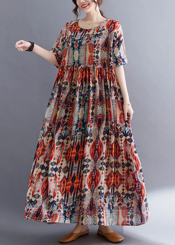 Long Red O-Neck Patchwork Cozy Cotton Maxi Dresses Summer - Image 2