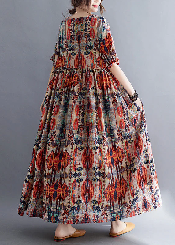 Long Red O-Neck Patchwork Cozy Cotton Maxi Dresses Summer - Image 5