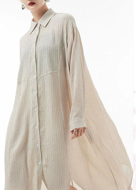 Loose Apricot asymmetrical design Peter Pan Collar shirt Dresses Spring - Image 3