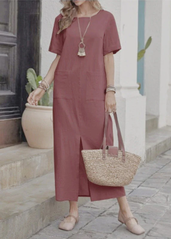Loose Apricot Patchwork Vacation Long Dresses Short Sleeve - Image 2