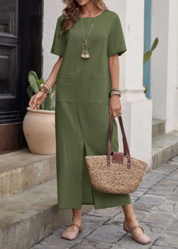 Loose Apricot Patchwork Vacation Long Dresses Short Sleeve - Image 3