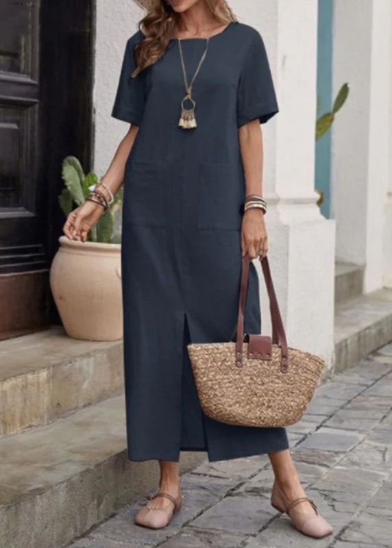 Loose Apricot Patchwork Vacation Long Dresses Short Sleeve - Image 4