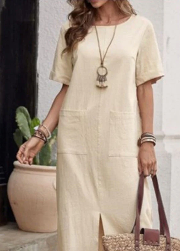 Loose Apricot Patchwork Vacation Long Dresses Short Sleeve - Image 5