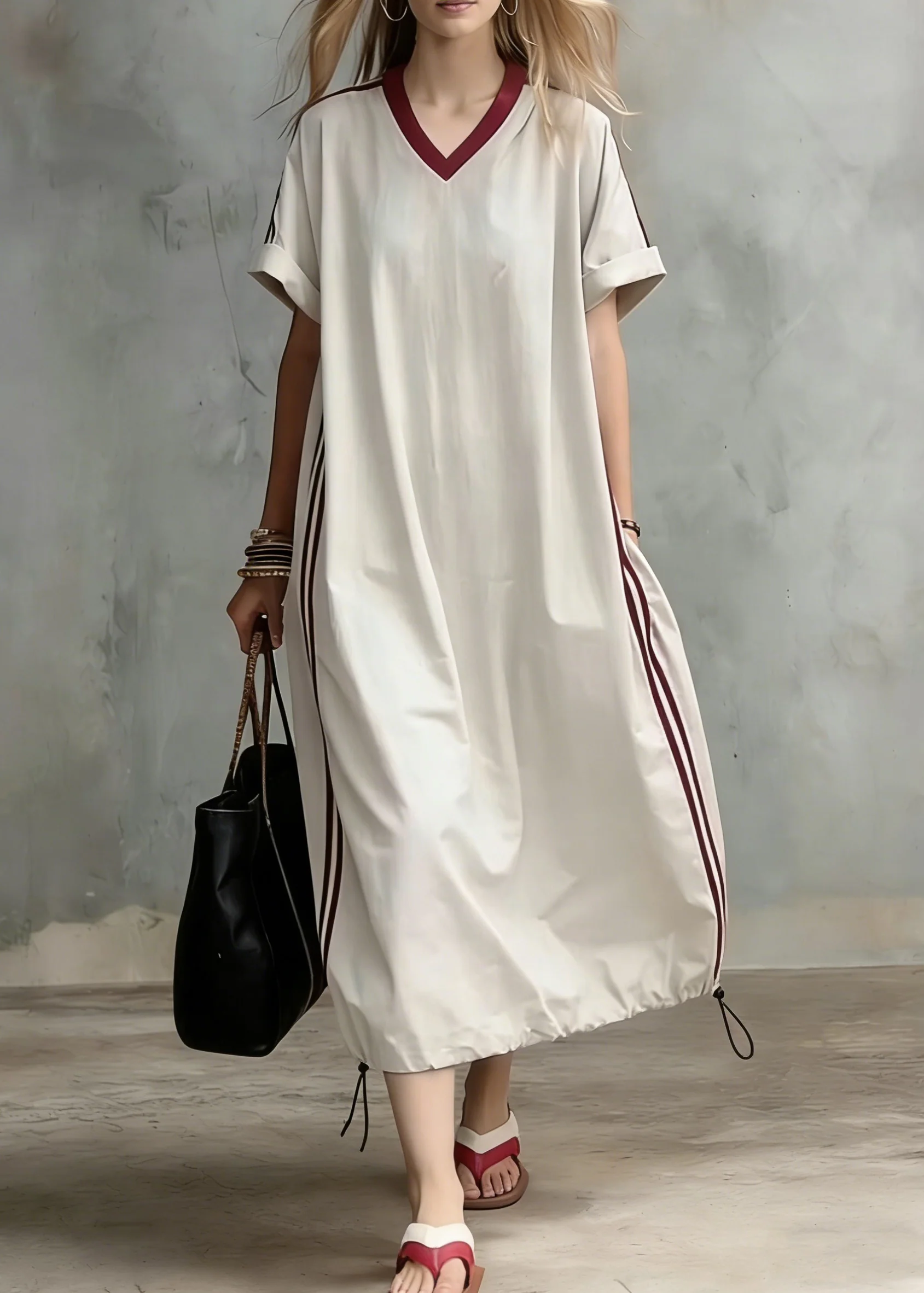 Loose Apricot Striped Pockets Drawstring Cotton Long Dress Summer