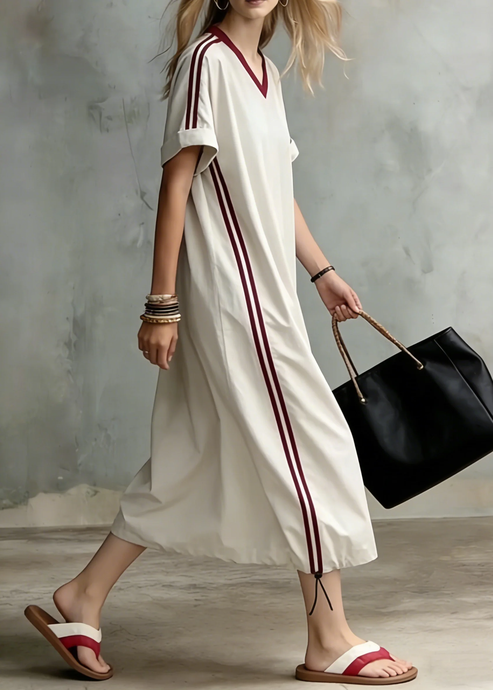 Loose Apricot Striped Pockets Drawstring Cotton Long Dress Summer - Image 2