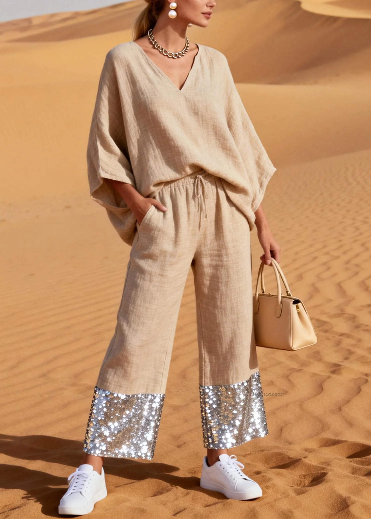Loose Apricot V Neck Elastic Waist Sequins Patchwork Two Pieces Set Batwing Sleeve - Image 3