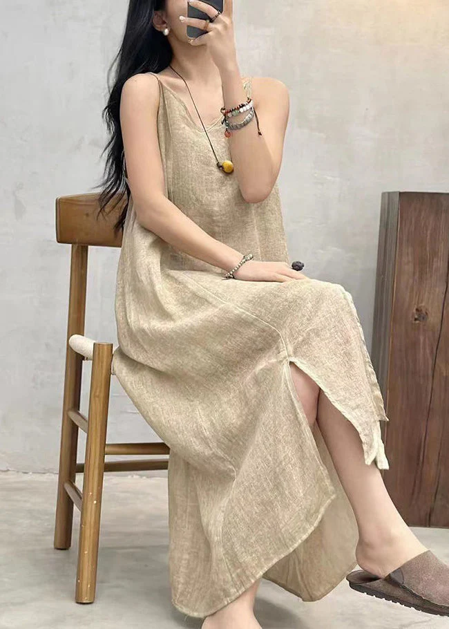 Loose Apricot V Neck Solid Linen Spaghetti Strap Dress Sleeveless - Image 2