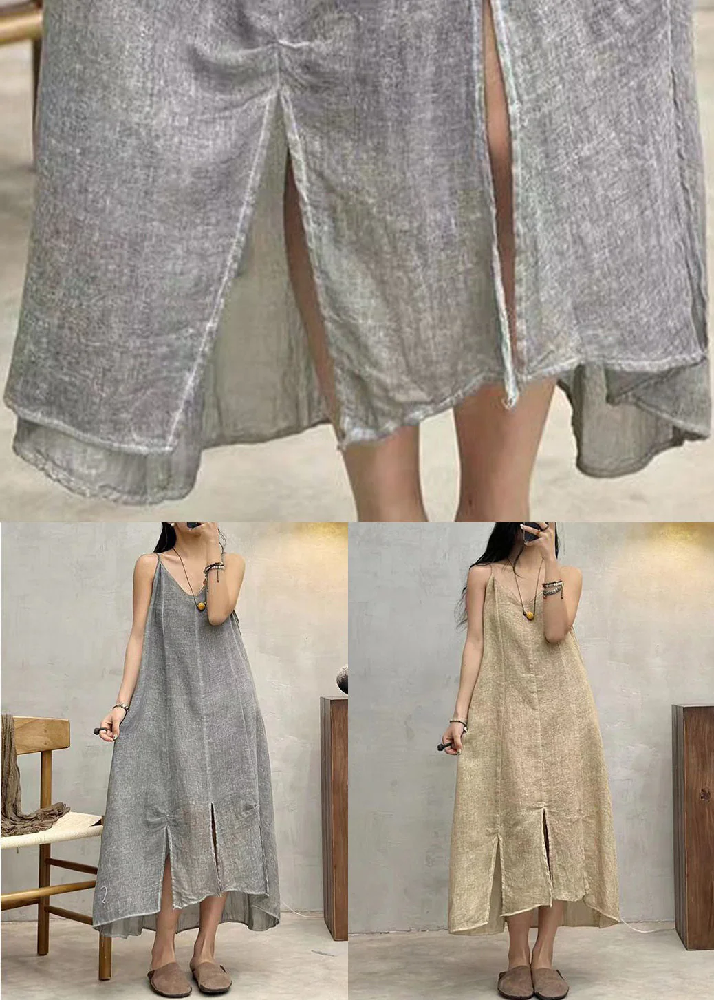 Loose Apricot V Neck Solid Linen Spaghetti Strap Dress Sleeveless - Image 5