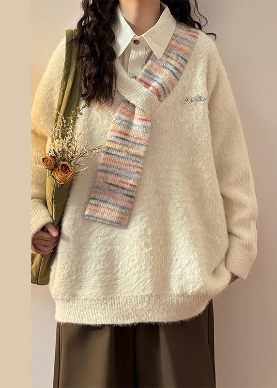 Loose Apricot V Neck Striped Patchwork Mink Hair Knitted Sweaters Spring - Image 3