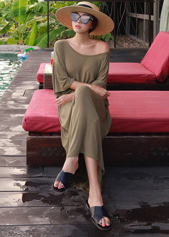 Loose Army Green O-Neck Cotton Dress Three Quarter Sleeve - Image 2