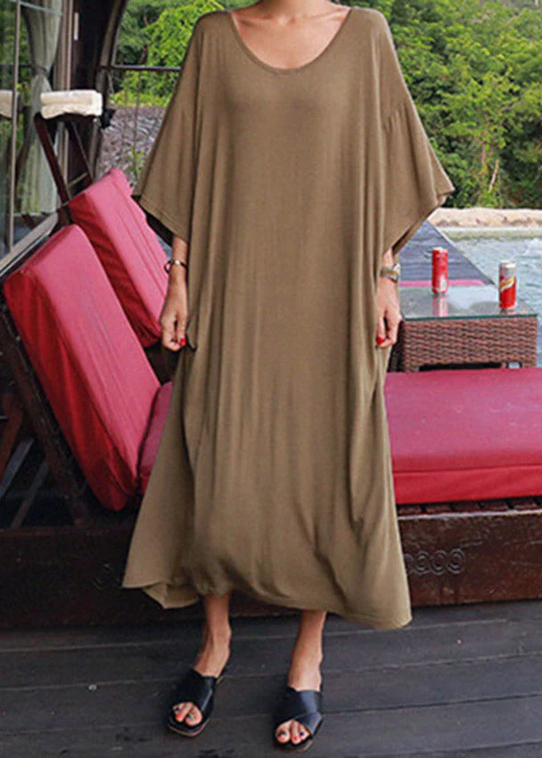 Loose Army Green O-Neck Cotton Dress Three Quarter Sleeve - Image 3