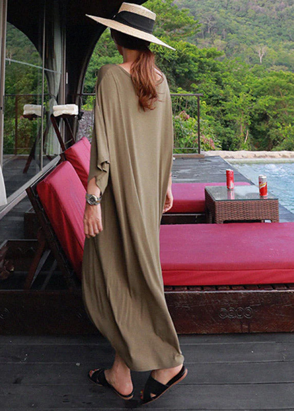 Loose Army Green O-Neck Cotton Dress Three Quarter Sleeve - Image 4