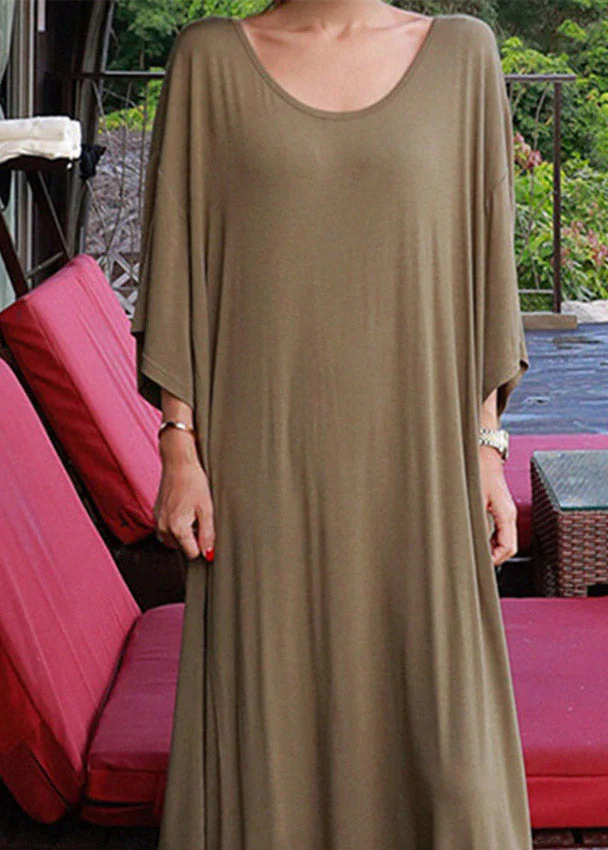 Loose Army Green O-Neck Cotton Dress Three Quarter Sleeve - Image 5