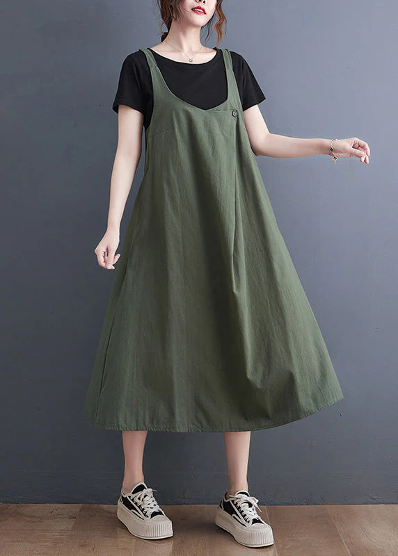 Loose Army Green O-Neck Patchwork Strap Dress Summer - Image 3