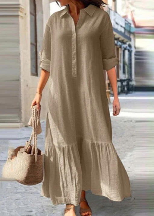Loose Army Green Peter Pan Collar Button Cotton Shirts Dress Spring - Image 3
