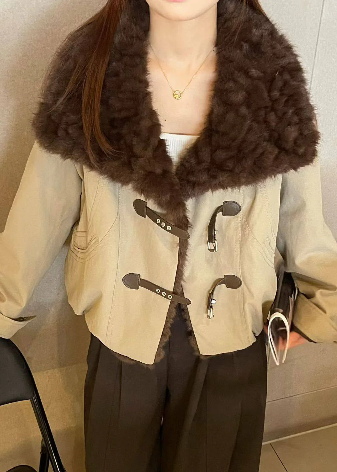 Loose Army Green Peter Pan Collar Fluffy Patchwork Parkas - Image 3