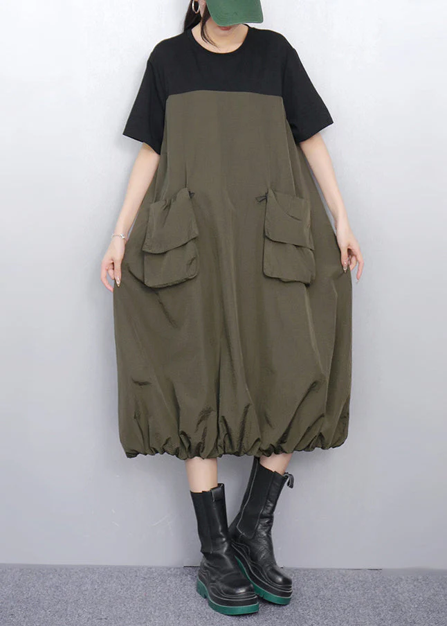 Loose Army Green Pockets Patchwork Dress Summer - Image 2