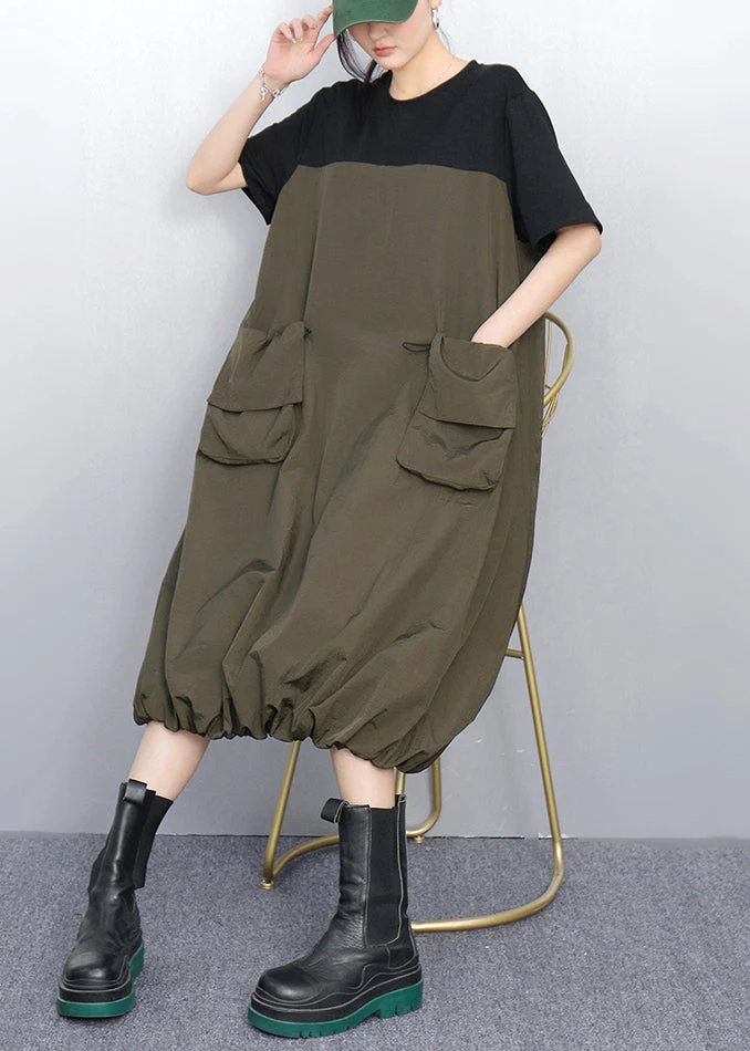 Loose Army Green Pockets Patchwork Dress Summer - Image 3