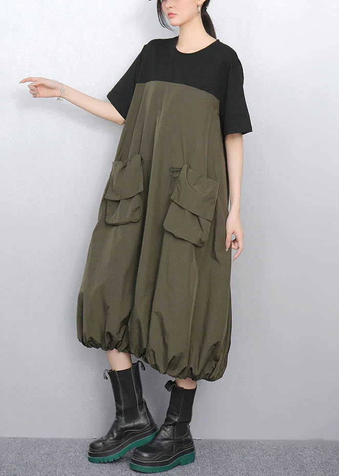 Loose Army Green Pockets Patchwork Dress Summer - Image 4