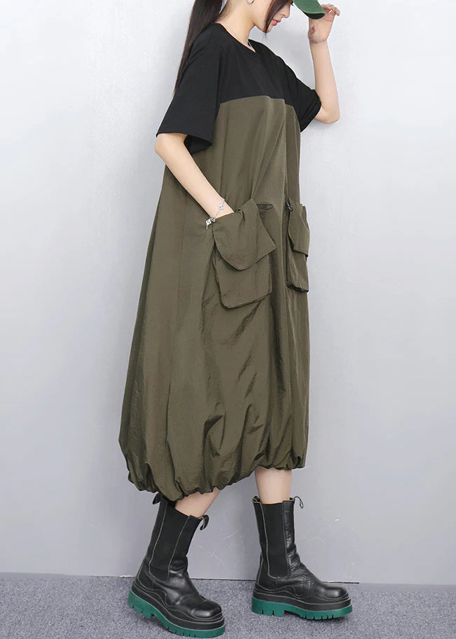 Loose Army Green Pockets Patchwork Dress Summer - Image 5