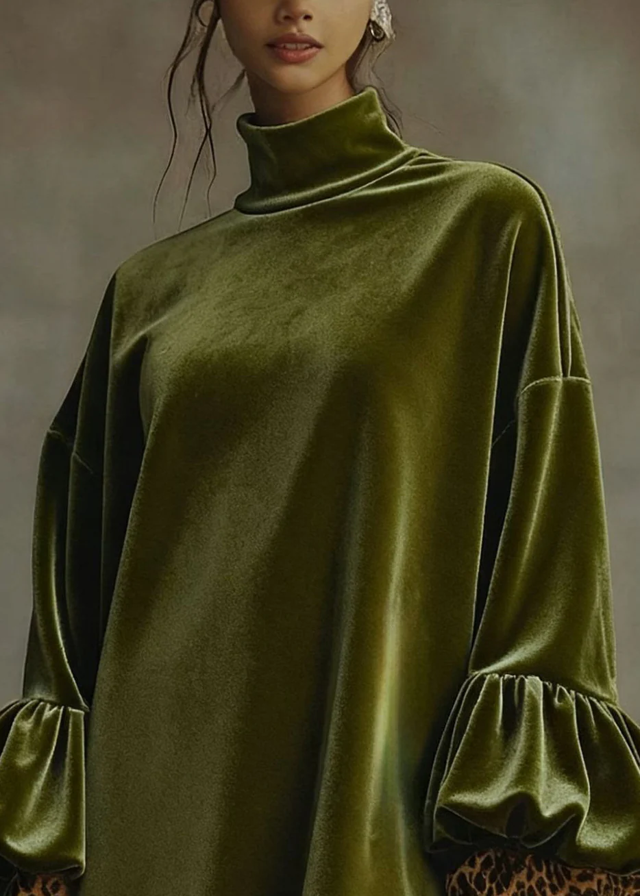 Loose Army Green Turtleneck Leopard Patchwork Velour Mini Dresses Spring - Image 4