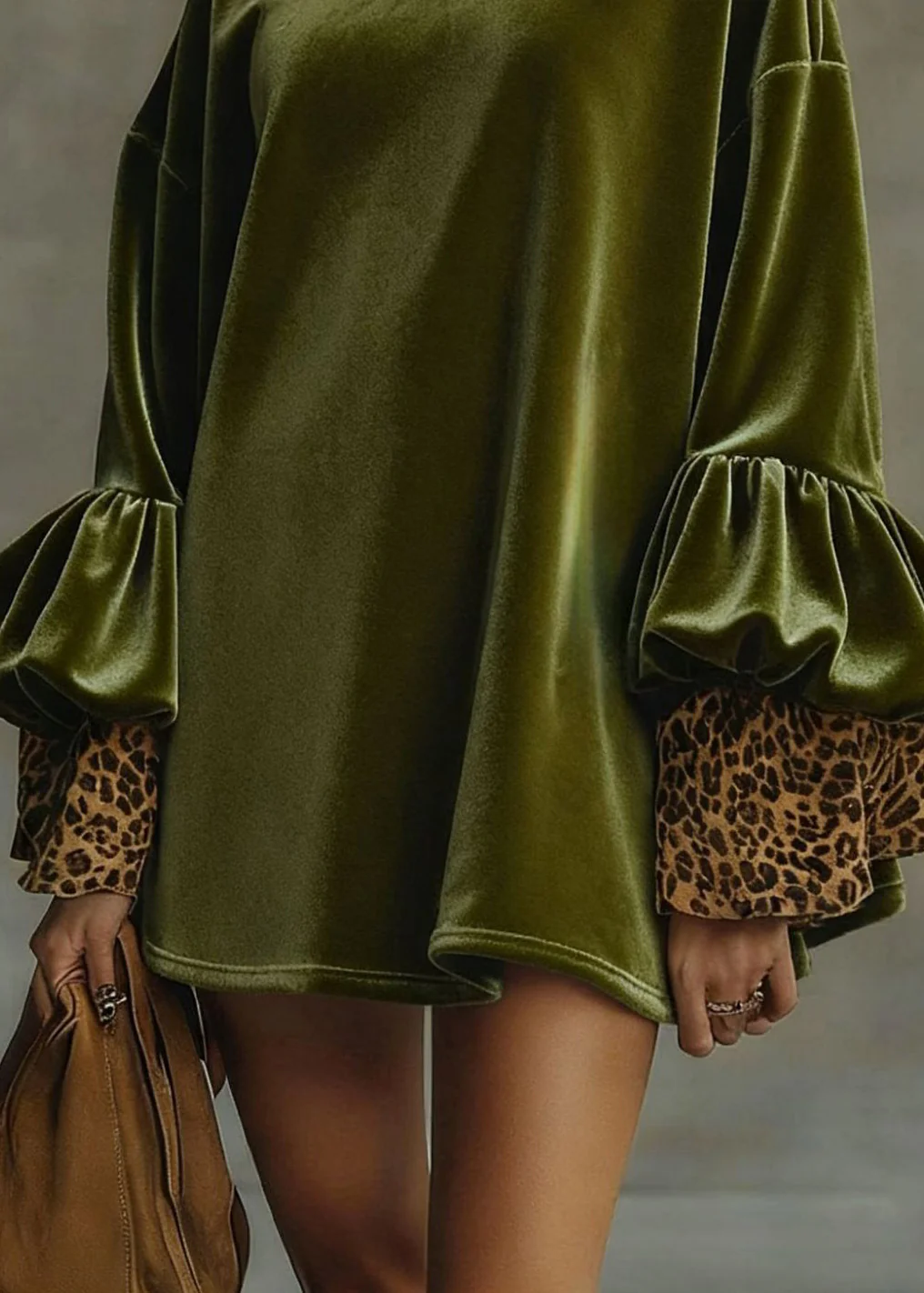 Loose Army Green Turtleneck Leopard Patchwork Velour Mini Dresses Spring - Image 5