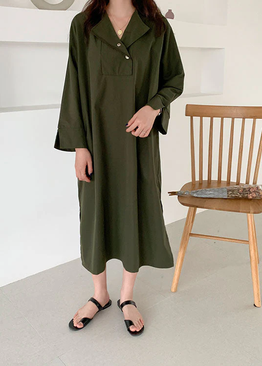 Loose Army Green V Neck Side Open Patchwork Cotton Dress Spring - Image 2