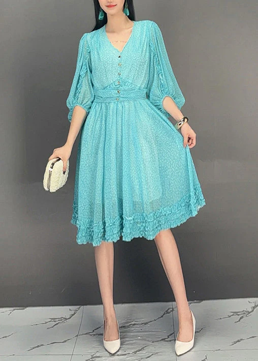 Loose Baby Blue V Neck Ruffled Print Chiffon Dress Fall - Image 3