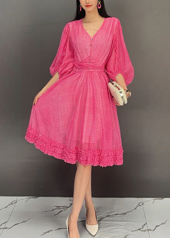 Loose Baby Blue V Neck Ruffled Print Chiffon Dress Fall - Image 4