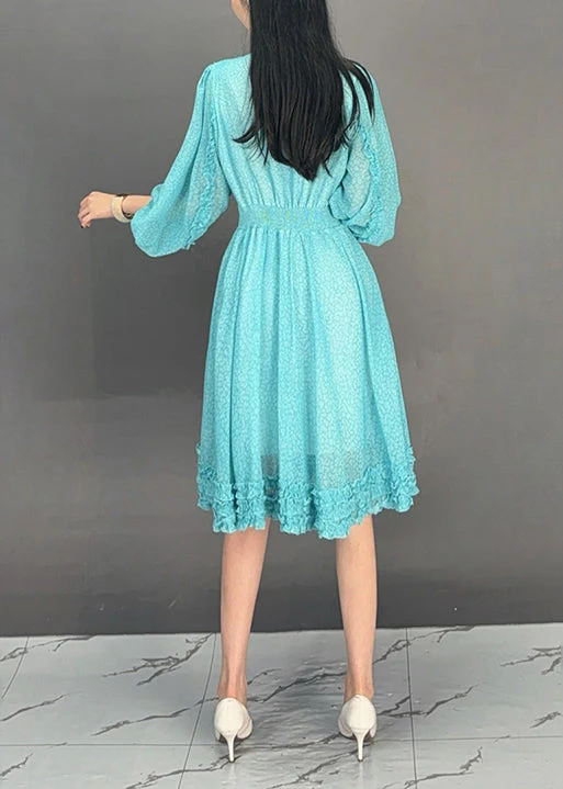 Loose Baby Blue V Neck Ruffled Print Chiffon Dress Fall - Image 5