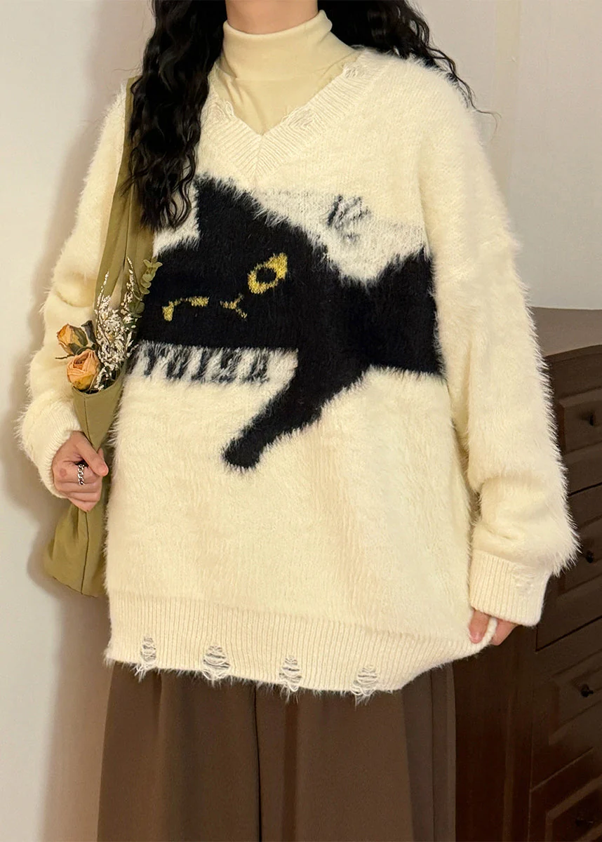 Loose Beige Hole Cats Cozy Mink Hair Knitted Sweater Spring - Image 4