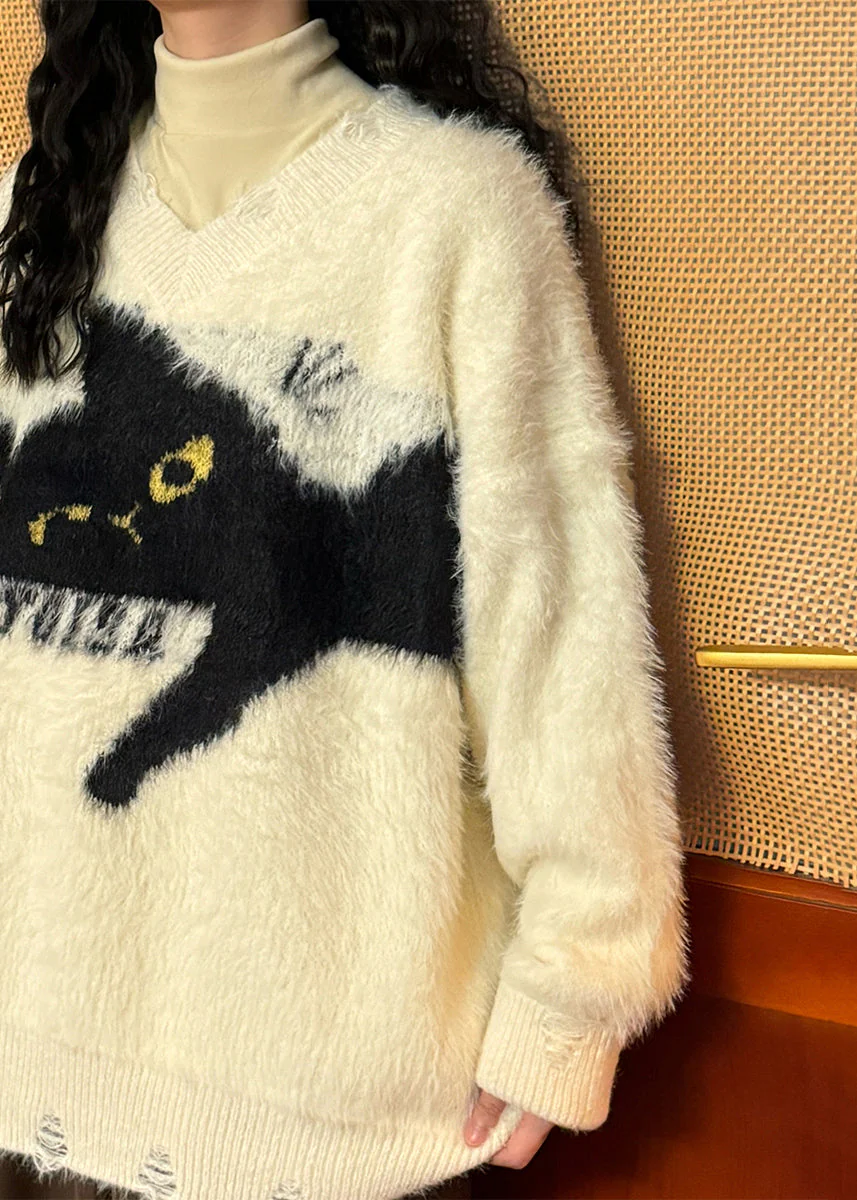 Loose Beige Hole Cats Cozy Mink Hair Knitted Sweater Spring - Image 5