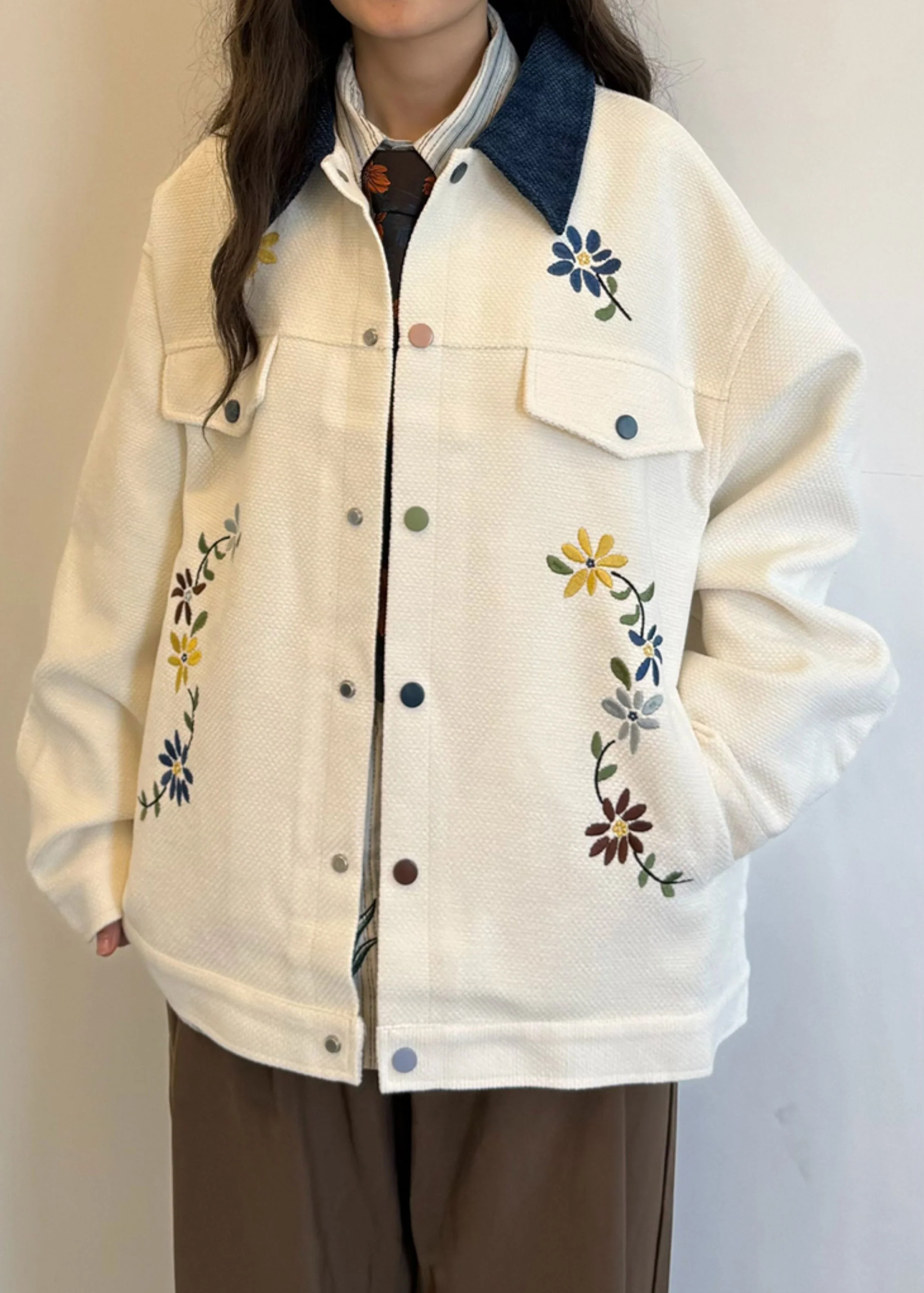 Loose Beige Peter Pan Collar Embroidered Cotton Coats Spring - Image 4