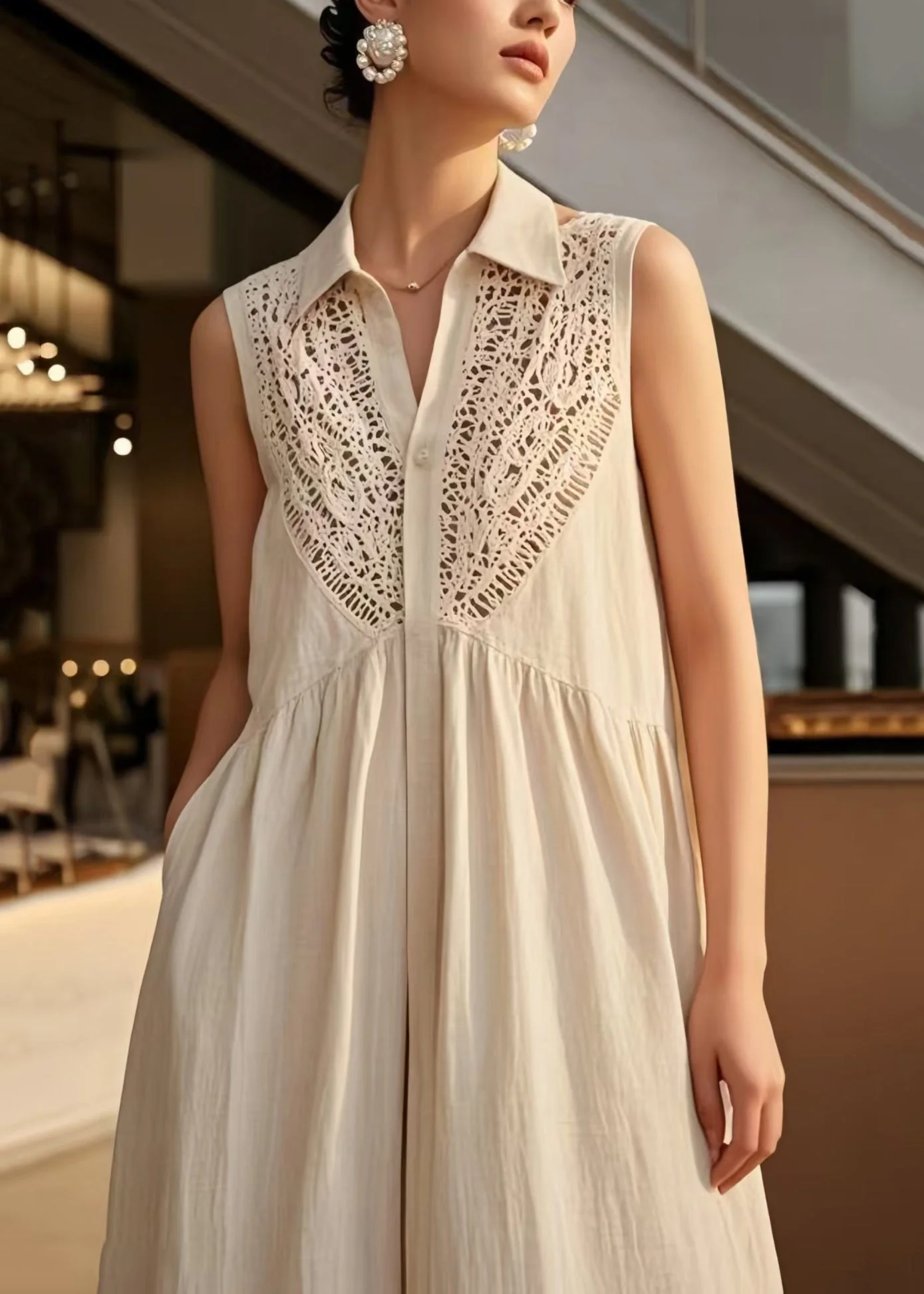 Loose Beige Peter Pan Collar Patchwork Cotton Dresses Sleeveless - Image 3