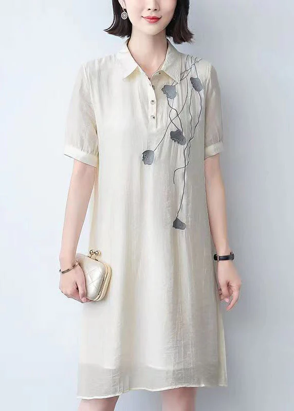 Loose Beige Peter Pan Collar Print Cotton Mid Dress Summer - Image 2