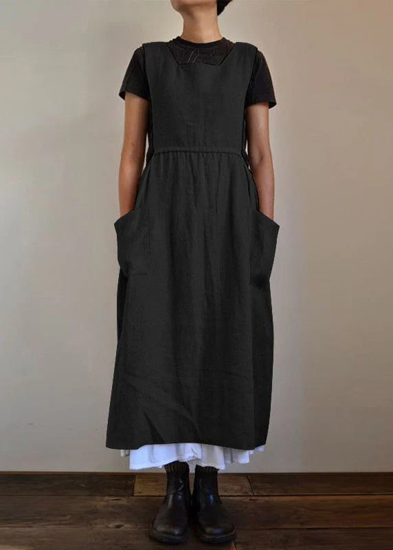 Loose Beige Pockets High Waist Linen Dress Sleeveless - Image 2