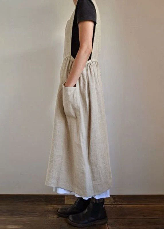 Loose Beige Pockets High Waist Linen Dress Sleeveless - Image 4