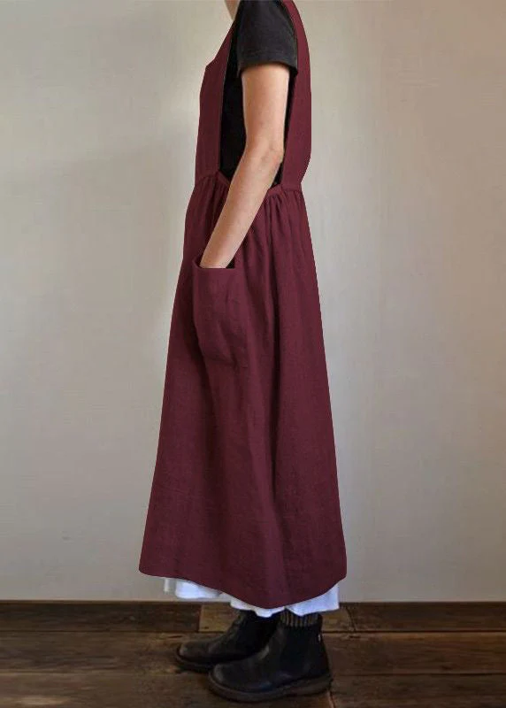 Loose Beige Pockets High Waist Linen Dress Sleeveless - Image 5