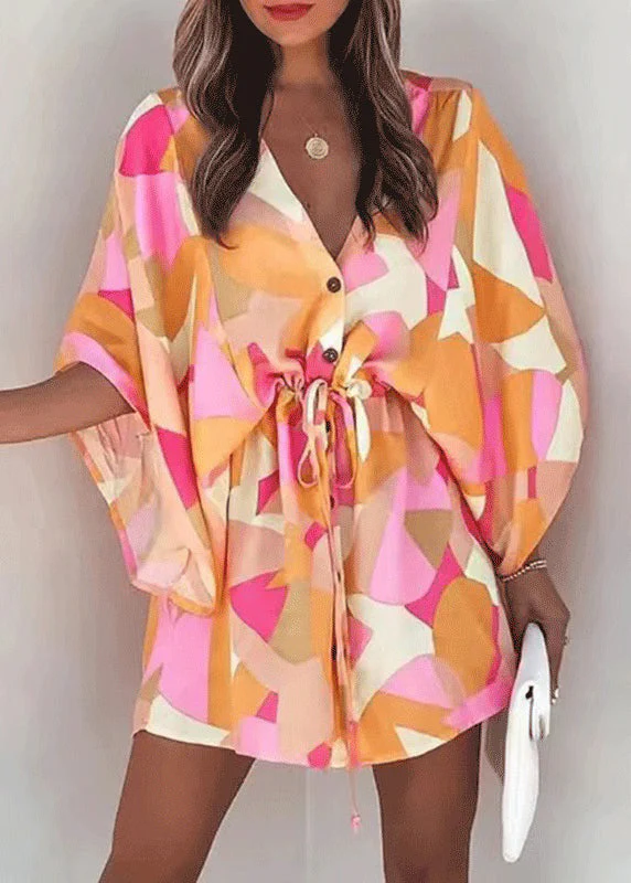 Loose Beige Print Lace Up Cotton Mid Dresses Batwing Sleeve - Image 2