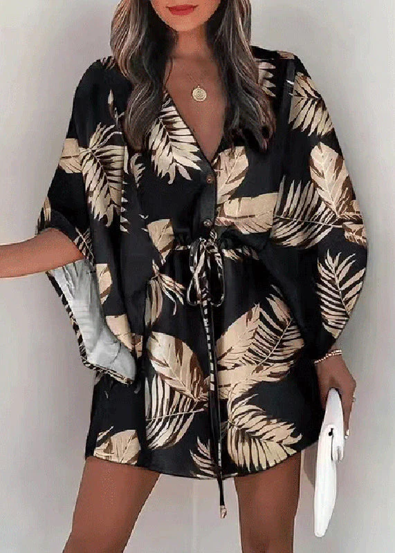 Loose Beige Print Lace Up Cotton Mid Dresses Batwing Sleeve - Image 3