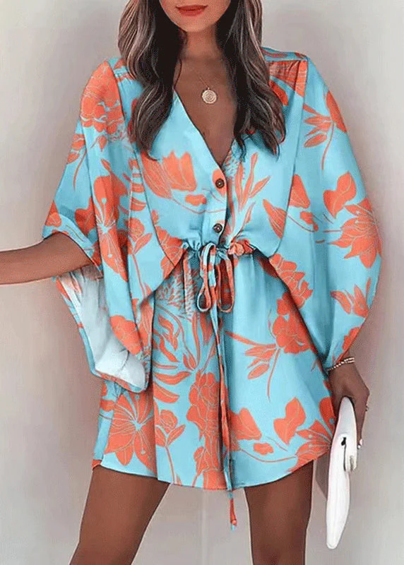 Loose Beige Print Lace Up Cotton Mid Dresses Batwing Sleeve - Image 4